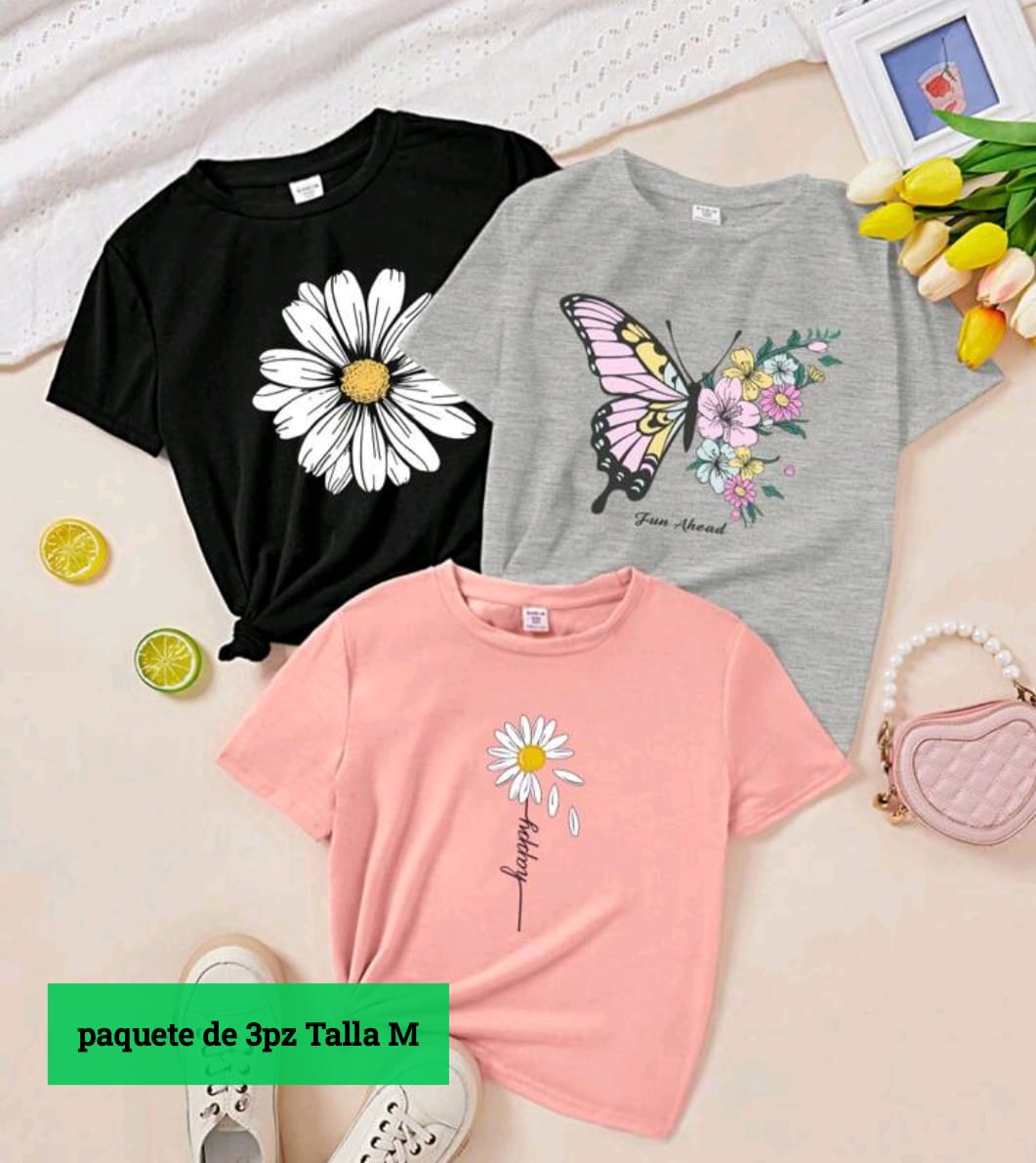 El set incluye 3 playeras para mujer, todas en talla M, con diseños frescos y femeninos: